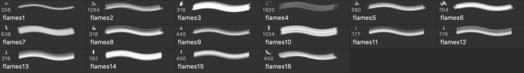 Photoshopのフレイムブラシセットの実際のブラシ内容画像
