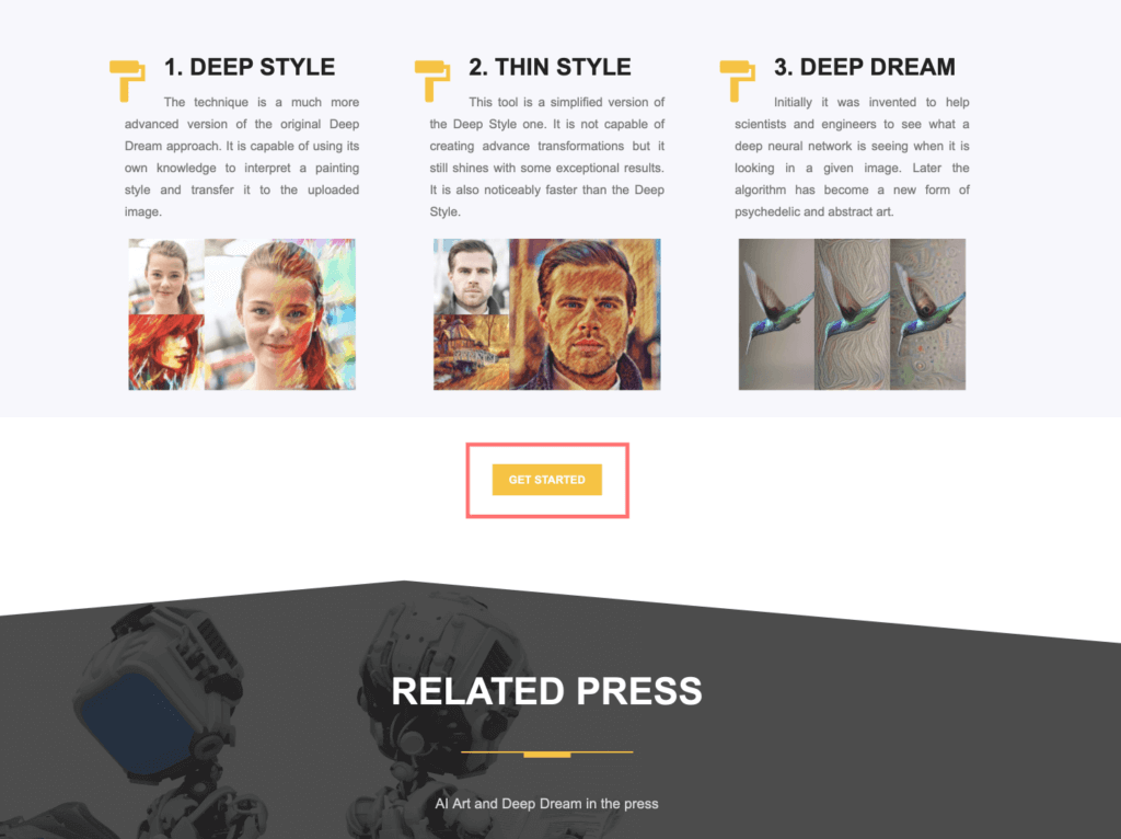 DEEP DREAM GENERATORサイトのGET STARTEDボタン
