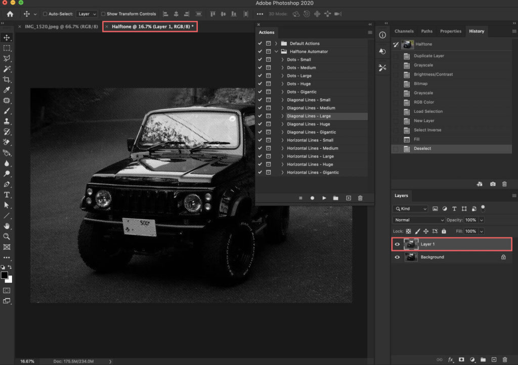 アクション『Diagonal Lines - Large』が適用される