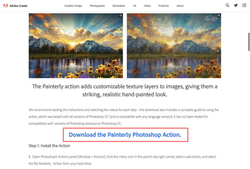 Photoshop 無料 アクション Painterly ダウンロード 方法 リンク