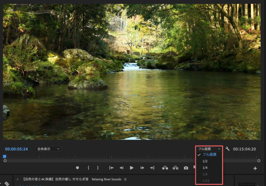 プレビュー画面右下の画質をフル画像から1/2や1/4に落とすことで作業効率をあげることができる