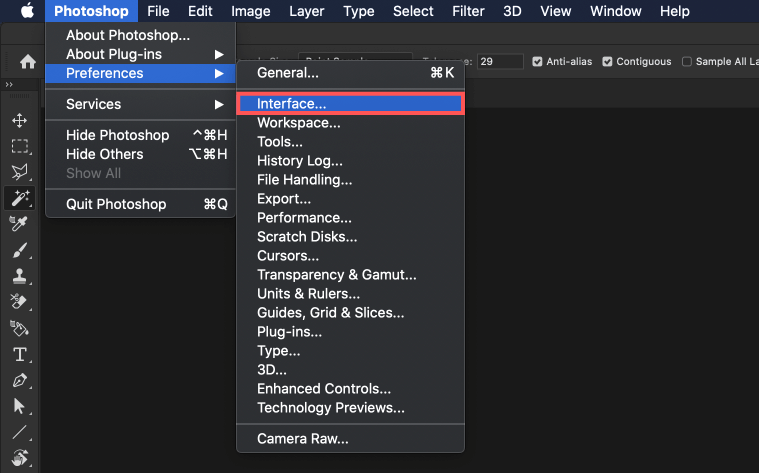 上部メニューのPhotoshop➡︎Preferences➡︎Interfaceを選択
