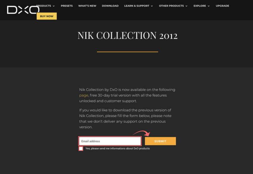 『Nik Collection』が無料配布されている開発元（DxO社）のダウンロードページへ