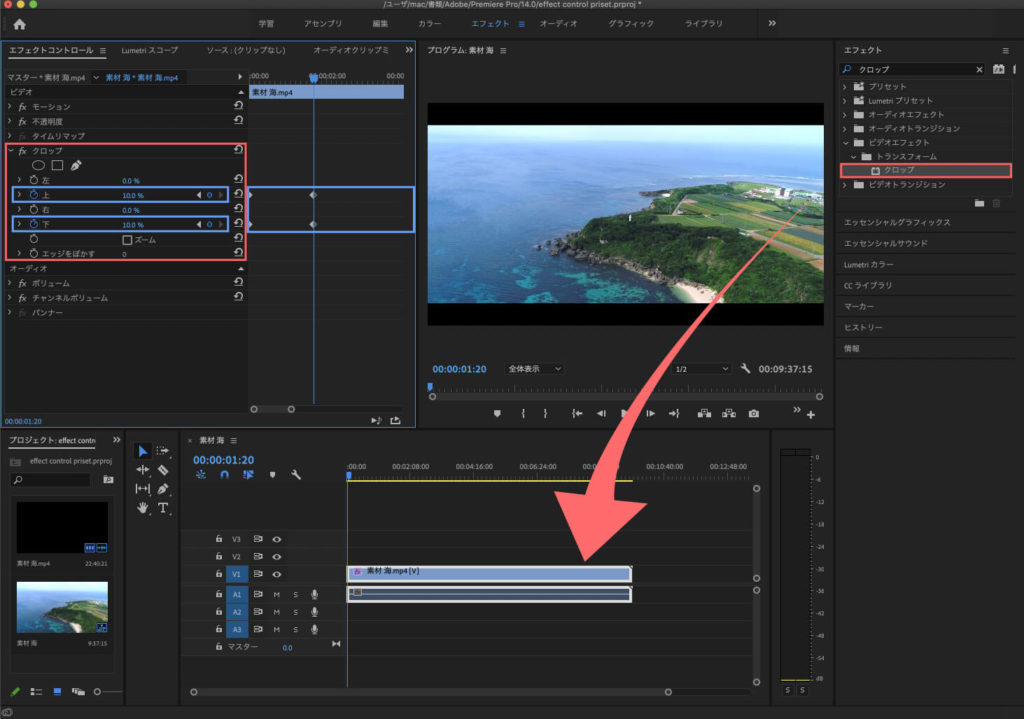 Adobe Premiere Pro エフェクトコントロールプリセット .prfpset シネマティック クロップ 設定