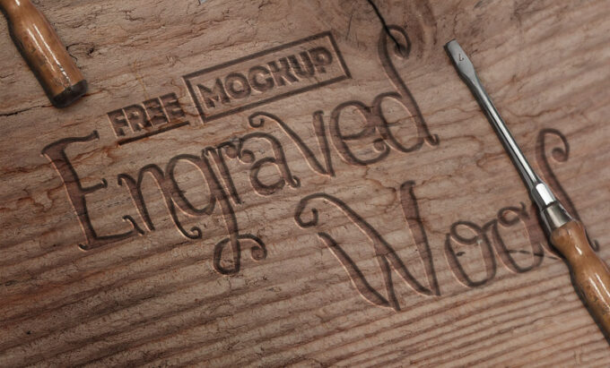 Photoshop Free Text Effect Wood Preset psdフォトショップ 無料 テキストエフェクト プリセット 木目 サムネイル デザイン 素材 Engraved Rustic Wood Free Mockup