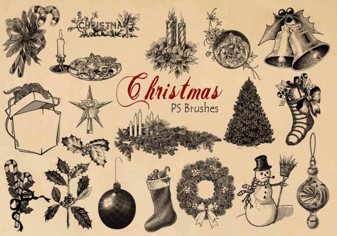 フォトショップ ブラシ Photoshop Brush 無料 イラスト クリスマス 20 Engraved Christmas PS Brushes Abr.Vol.8