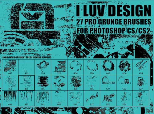 フォトショップ ブラシ Photoshop Retro Vintage Brush 無料 イラスト ヴィンテージ レトロ 'I LUV DESIGN' Pro Grunge