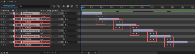 After Effects シーケンスレイヤー 前面レイヤーと背景レイヤーをクロスディゾルブ