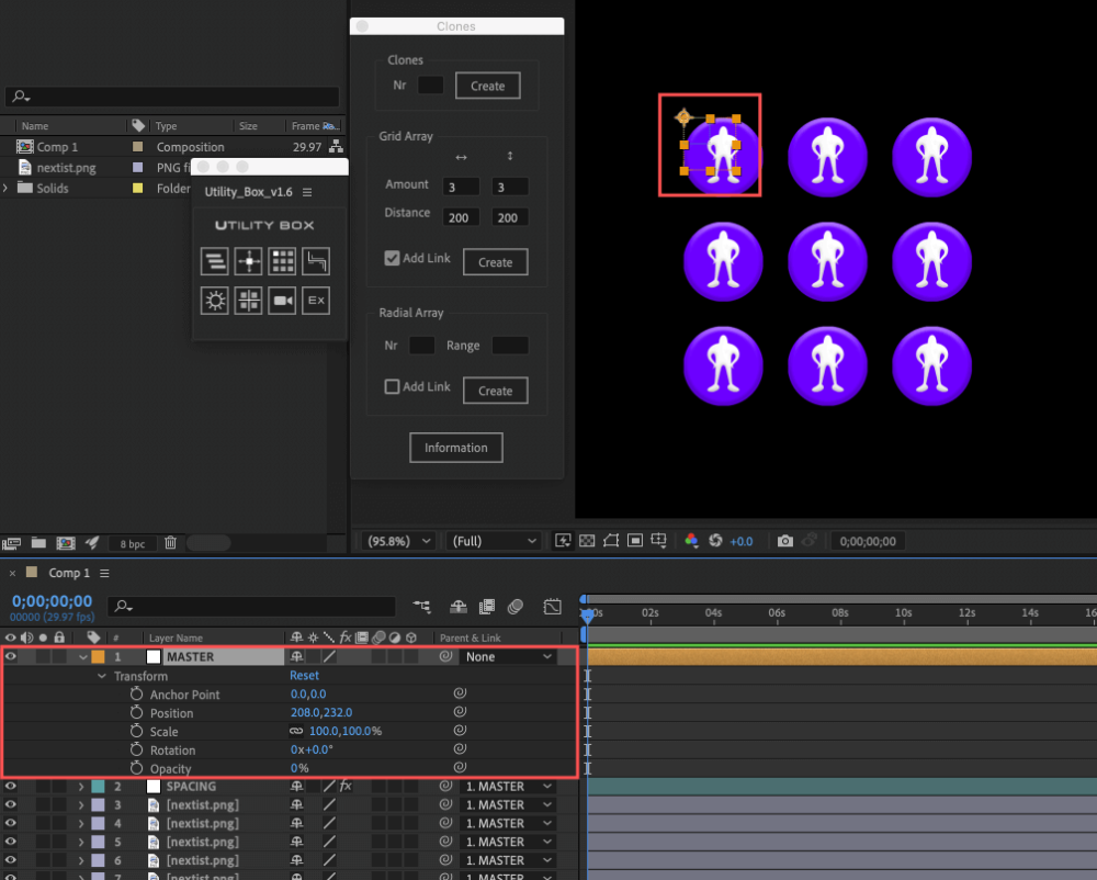 Adobe After Effects Utility BOX Clones Information クローン ツール Grid Array Add Link 一括制御 ヌルレイヤー