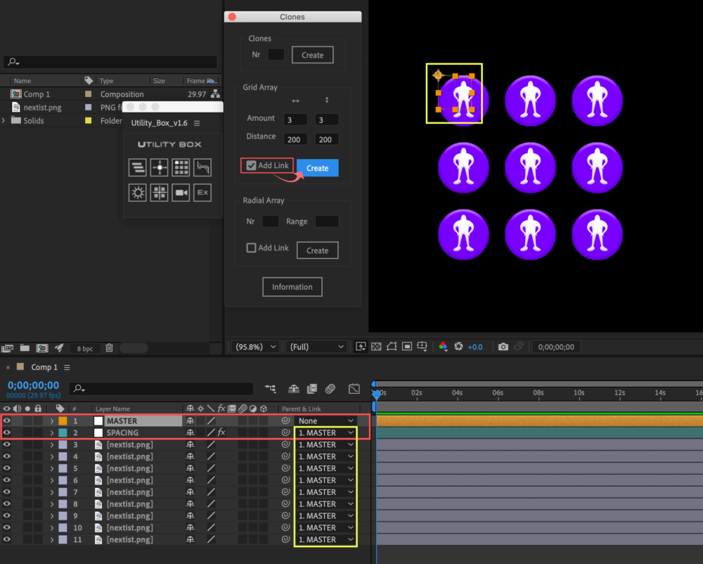 Adobe After Effects Utility BOX Clones Information クローン ツール Grid Array Add Link