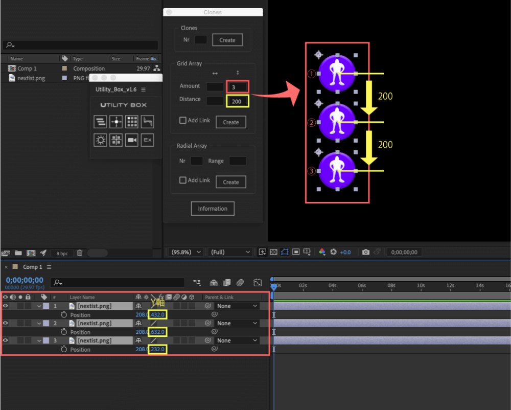 Adobe After Effects Utility BOX Clones Information クローン ツール Grid Array Y軸 複製