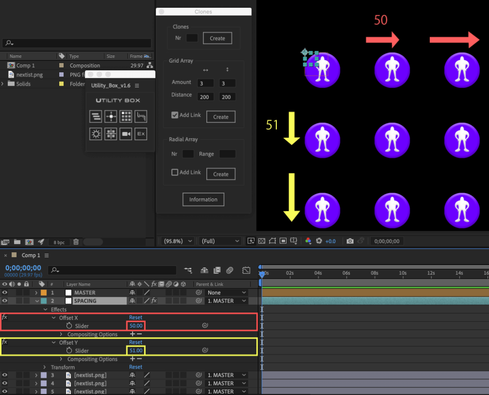 Adobe After Effects Utility BOX Clones Information クローン ツール Grid Array Add Link SPACING Offset