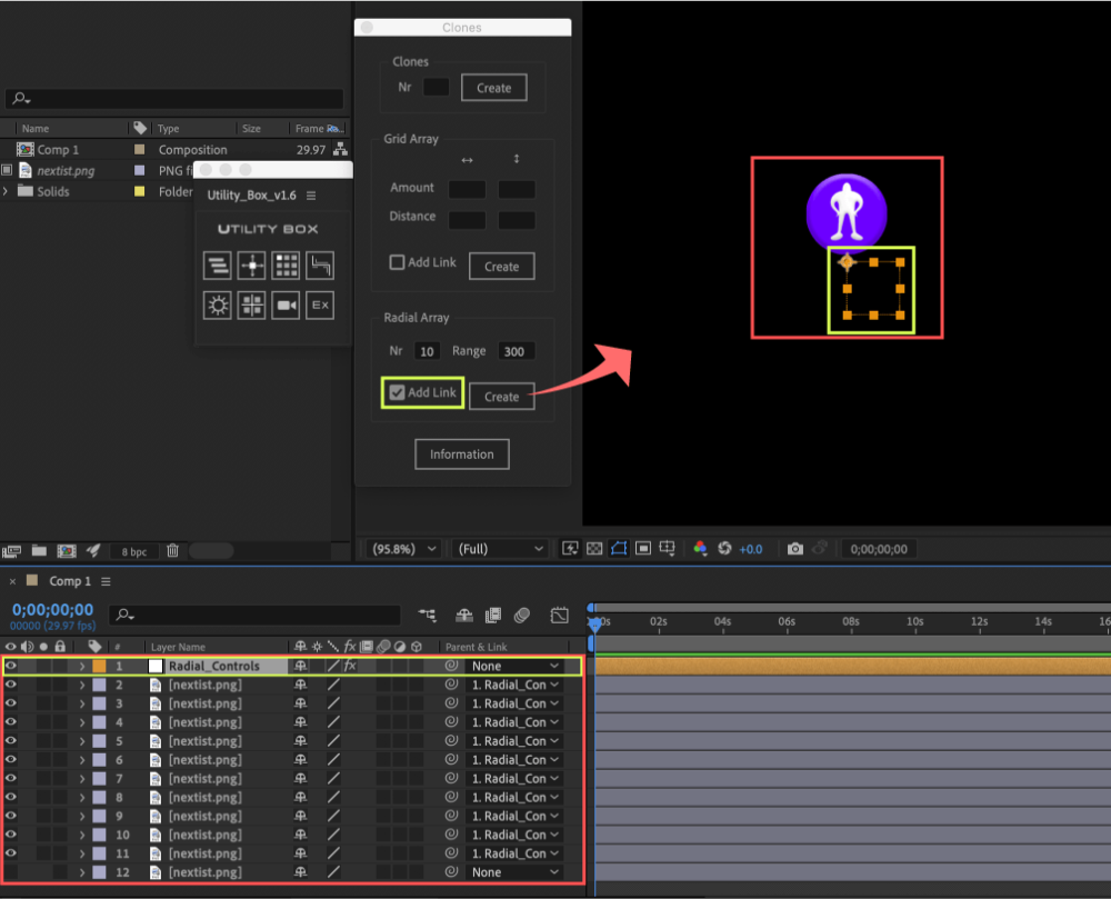 Adobe After Effects Utility BOX Clones Information クローン ツール Radial Array Add Link Radial_Controls