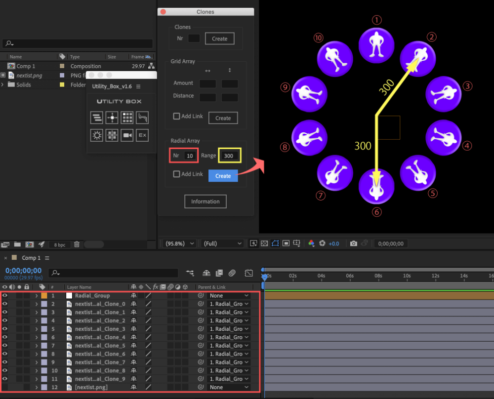 Adobe After Effects Utility BOX Clones Information クローン ツール Radial Array Create