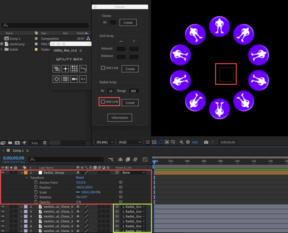 Adobe After Effects Utility BOX Clones Information クローン ツール Radial Array Null Layer ヌルレイヤー