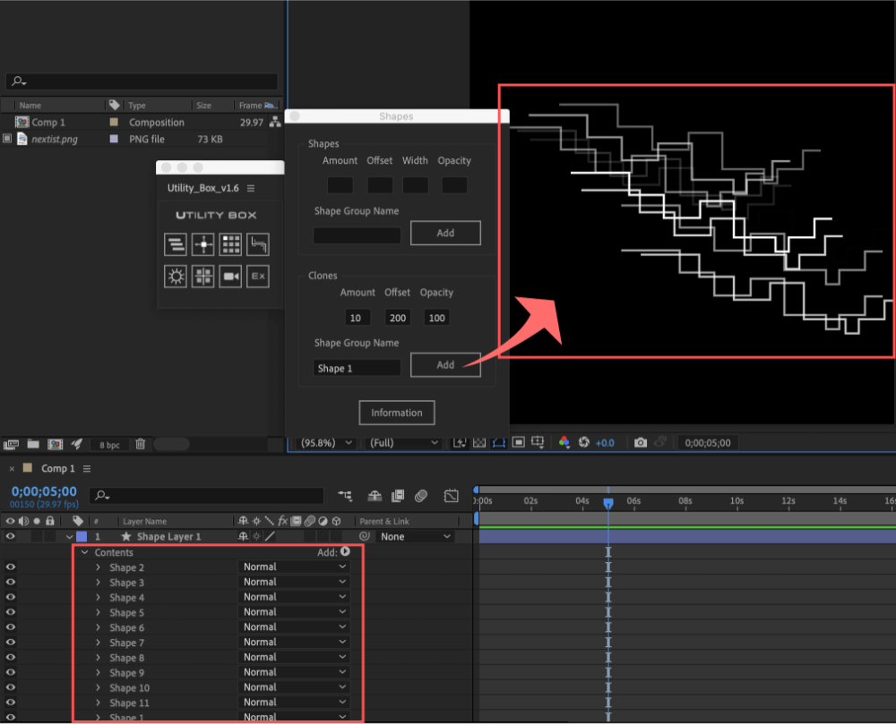 Adobe After Effects Utility BOX Shapes 1 ツール 操作 方法 Clones 機能 