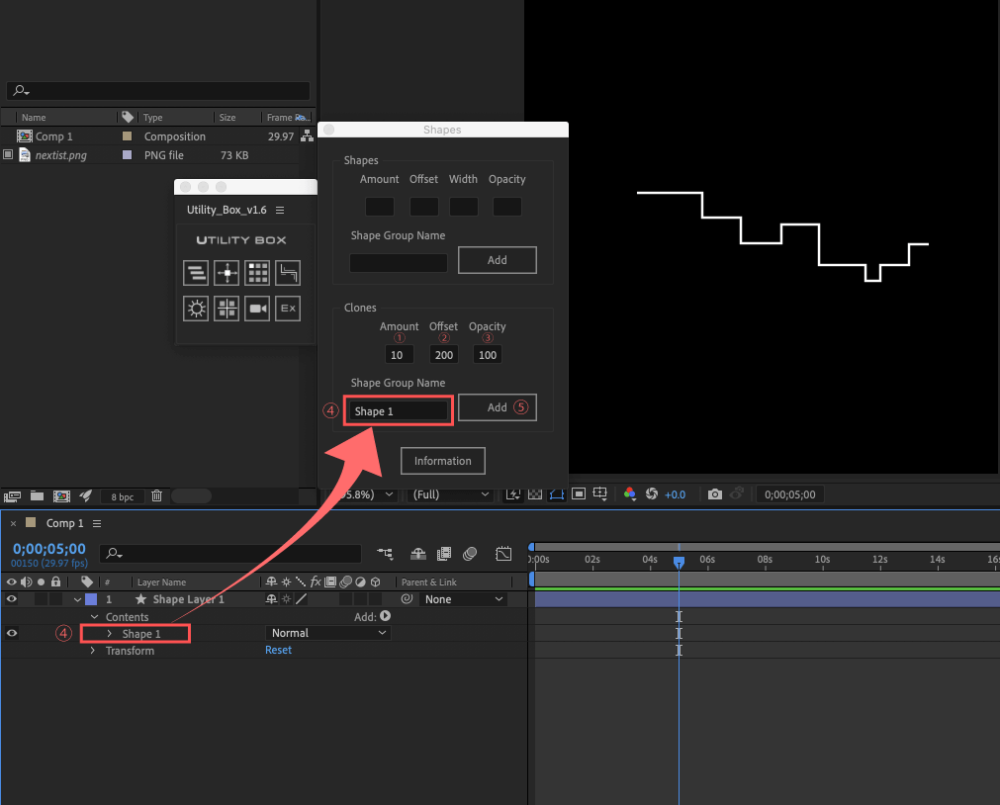 Adobe After Effects Utility BOX Shapes 1 ツール 操作 方法 Clones 機能 数値 入力