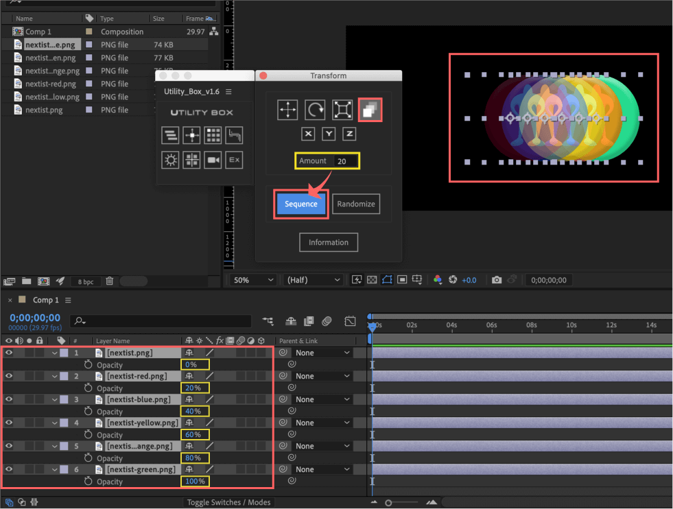 Adobe After Effects Utility BOX Transform トランスフォーム ツール パネル Opacity 不透明度 Sequence