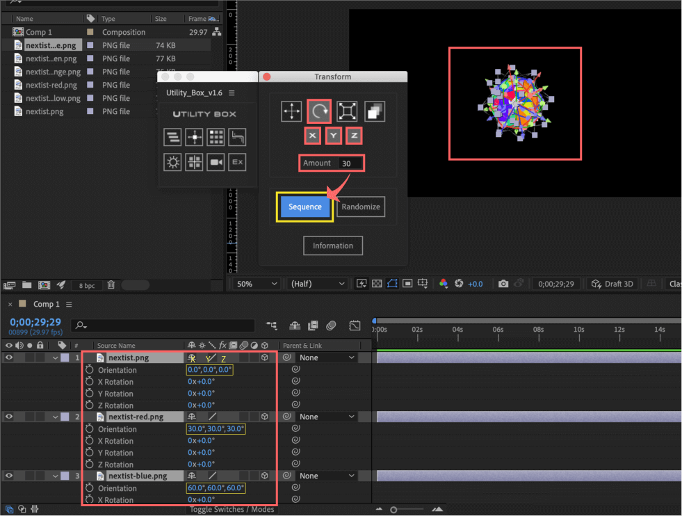 Adobe After Effects Utility BOX Transform トランスフォーム ツール パネル 回転 Rotation Orientation 3D