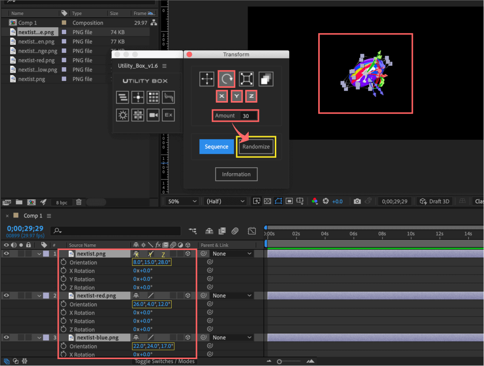 Adobe After Effects Utility BOX Transform トランスフォーム ツール パネル 回転 Rotation Orientation 3D Randomize