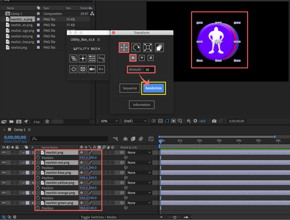 Adobe After Effects Utility BOX Transform トランスフォーム ツール パネル 位置（Position）Randomize