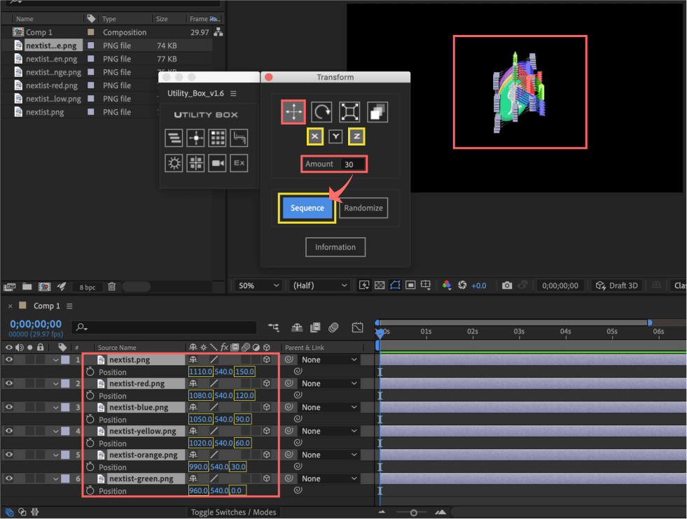 Adobe After Effects Utility BOX Transform トランスフォーム ツール パネル 位置 Position X軸 Z軸