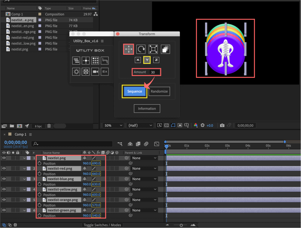 Adobe After Effects Utility BOX Transform トランスフォーム ツール パネル 位置 Position Sequence Y軸