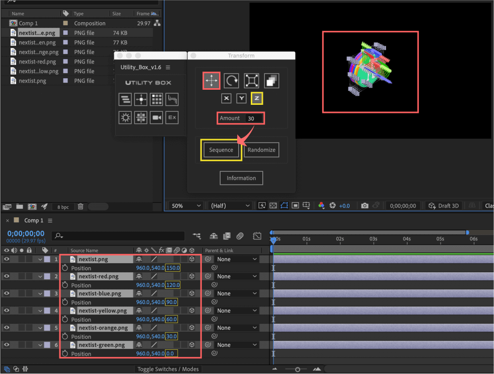 Adobe After Effects Utility BOX Transform トランスフォーム ツール パネル 位置 Position Z軸