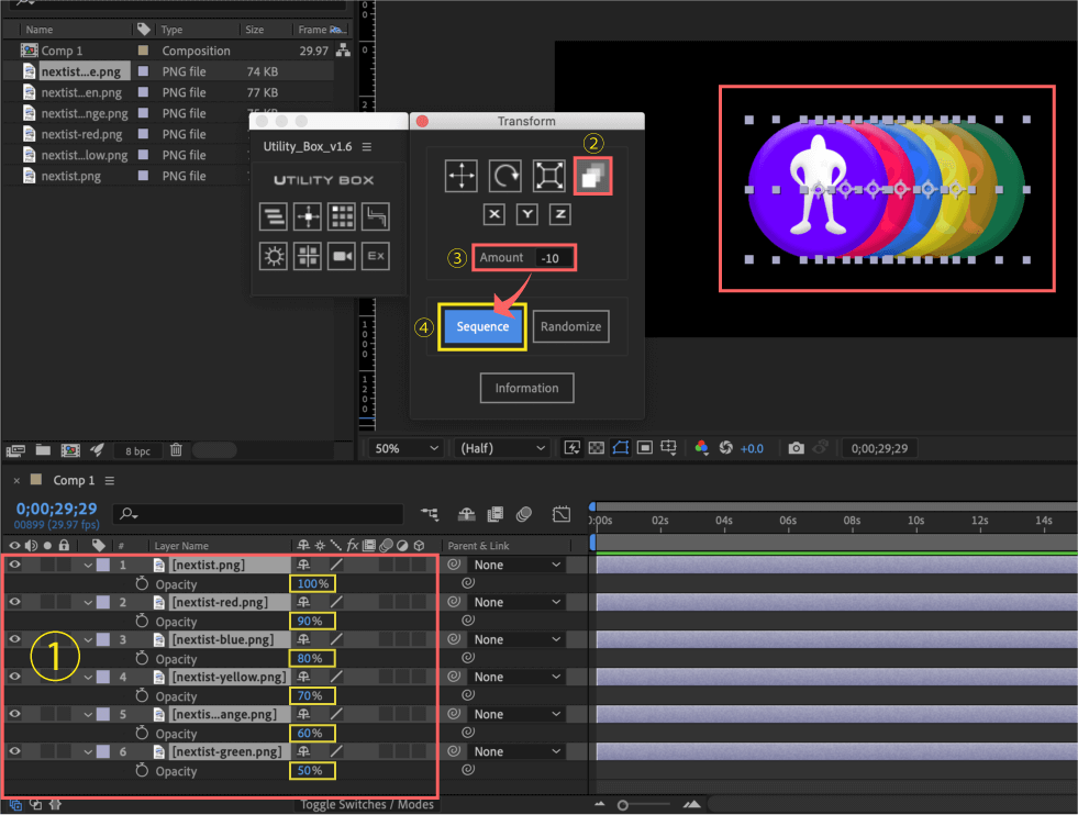 Adobe After Effects Utility BOX Transform トランスフォーム ツール パネル Transparent 不透明度 Sequence シーケンス