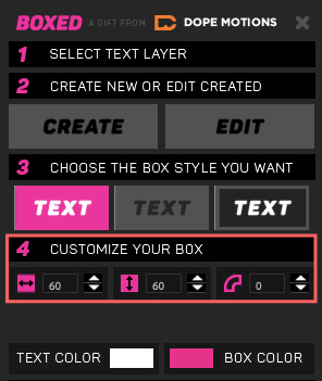 After Effects Free Script BOXED 無料 フリー スクリプト 操作パネル CREATE NEW OR EDIT CREATED テキストボックス 作成  CUSTOMIZE YOUR BOX