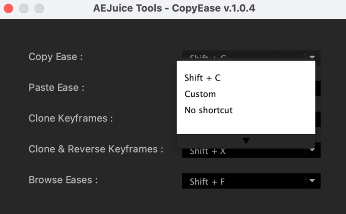 Adobe After Effects AE Juice Copy Ease 無料 プラグイン スクリプト 設定 ショートカットキー