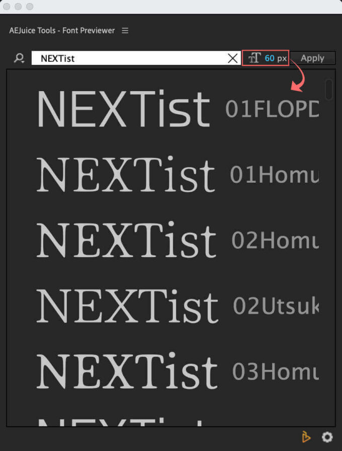 Adobe CC After Effects AE Juice Font Previewer ツール パネル フォント サイズ 調整