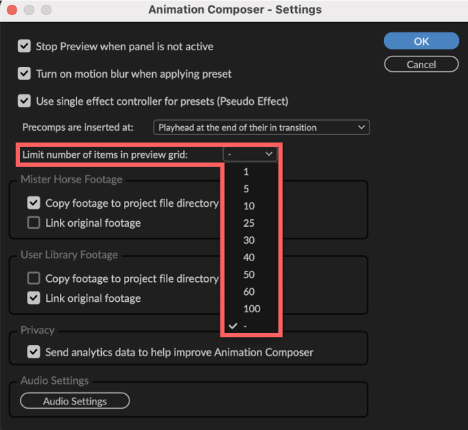 Adobe CC After Effects Animation Composer Starter 無料 機能 解説  Menu Settings Limit number of items in preview grid: