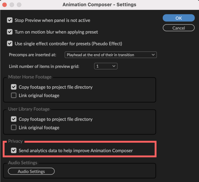 Adobe CC After Effects Animation Composer Starter 無料 機能 解説  Menu Settings Send analytics data to help improve Animation Composer