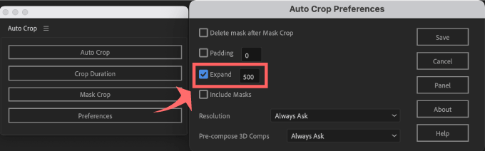 Adobe CC After Effects Auto Crop 機能 使い方 解説 Preferences 環境設定 Expand ON