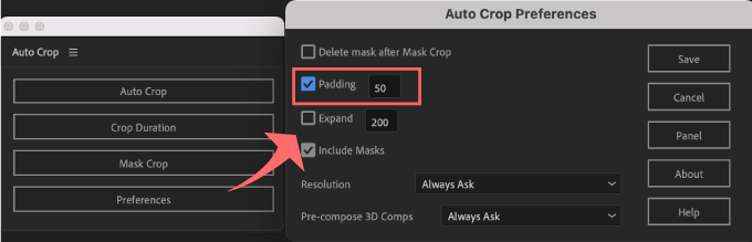 Adobe CC After Effects Auto Crop 機能 使い方 解説 Preferences 環境設定 Padding
