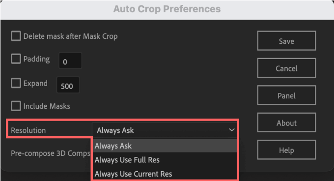 Adobe CC After Effects Auto Crop 機能 使い方 解説 Preferences 環境設定 Resolution 解像度 