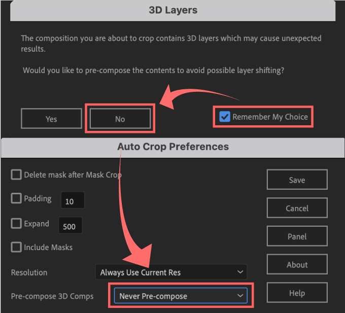 Adobe CC After Effects Auto Crop 機能 使い方 解説 Preferences 環境設定 Resolution Pre-compose 3D Comps Never Pre-compose