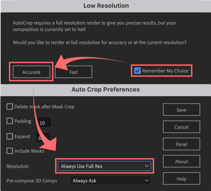 Adobe CC After Effects Auto Crop 機能 使い方 解説 Preferences 環境設定 Resolution Remenber Me Choice