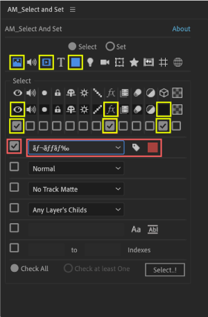 Adobe CC After Effects Free Script AM Select And Set 機能 使い方 無料 スクリプト おすすめ 解説 機能 レイヤー ラベル 選択