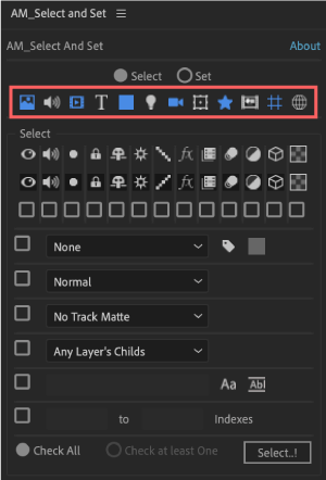 Adobe CC After Effects Free Script AM Select And Set 機能 使い方 無料 スクリプト おすすめ 解説 機能 レイヤー タイプ 選択