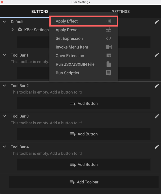Adobe CC After Effects Script KBar2 機能 使い方 解説 セッティングr Effects Script KBar2 機能 使い方 解説 新規 ツールバー Add Button Apply Effects