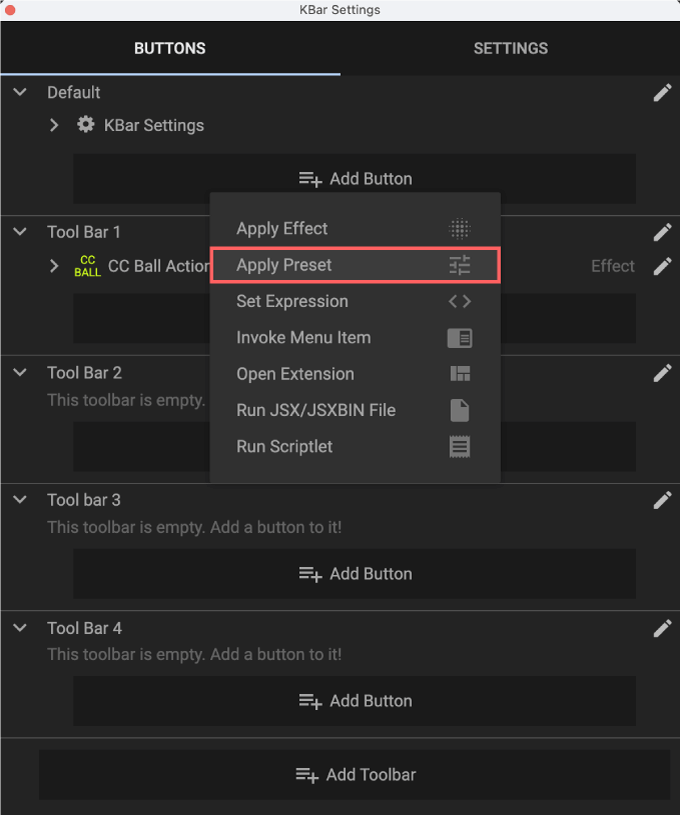 Adobe CC After Effects Script KBar2 機能 使い方 解説 セッティングr Effects Script KBar2 機能 使い方 解説 新規 ツールバー Add Button Apply Preset