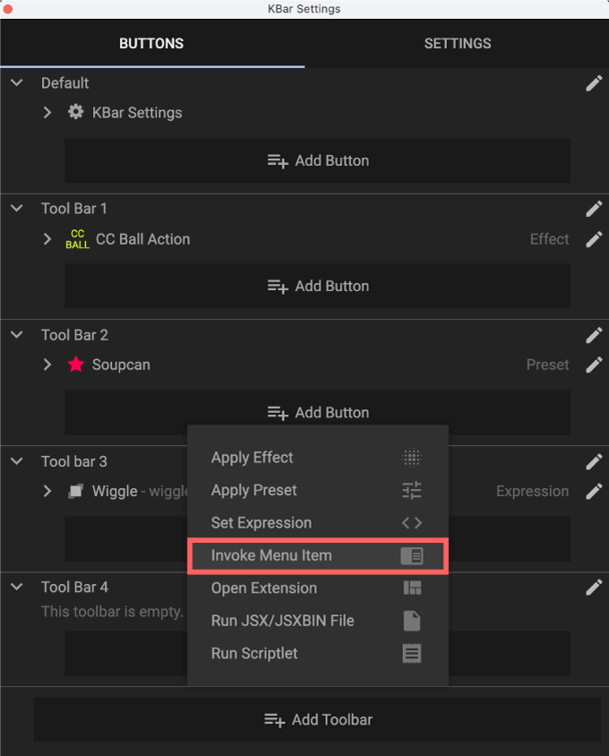 Adobe CC fter Effects Script KBar2 機能 使い方 解説 セッティング Add Button Invoke Menu Item