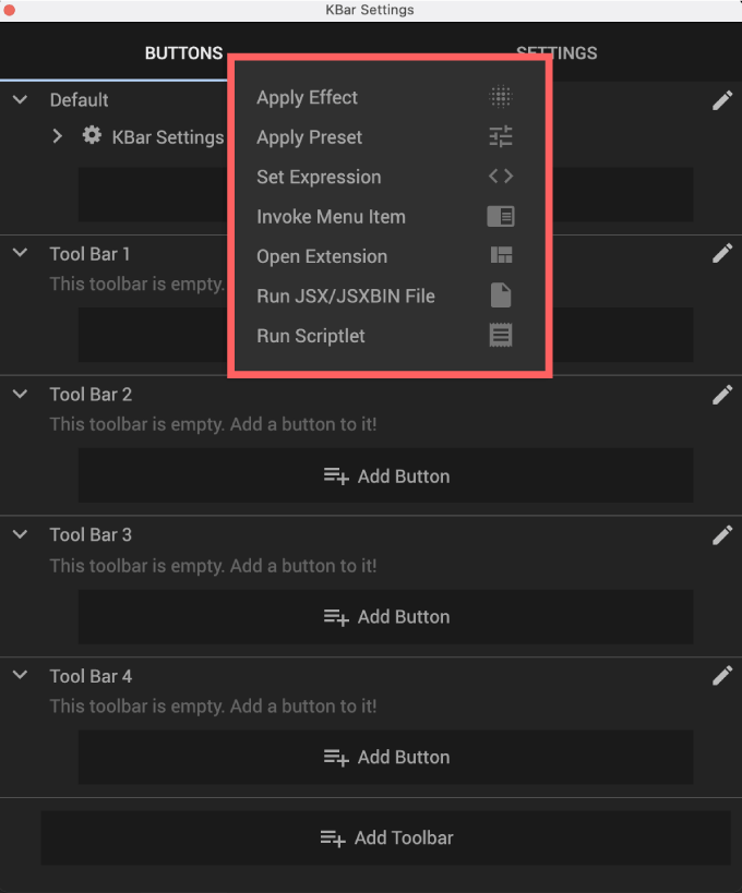 Adobe CC After Effects Script KBar2 機能 使い方 解説 セッティングr Effects Script KBar2 機能 使い方 解説 新規 ツールバー Add Button メニュー
