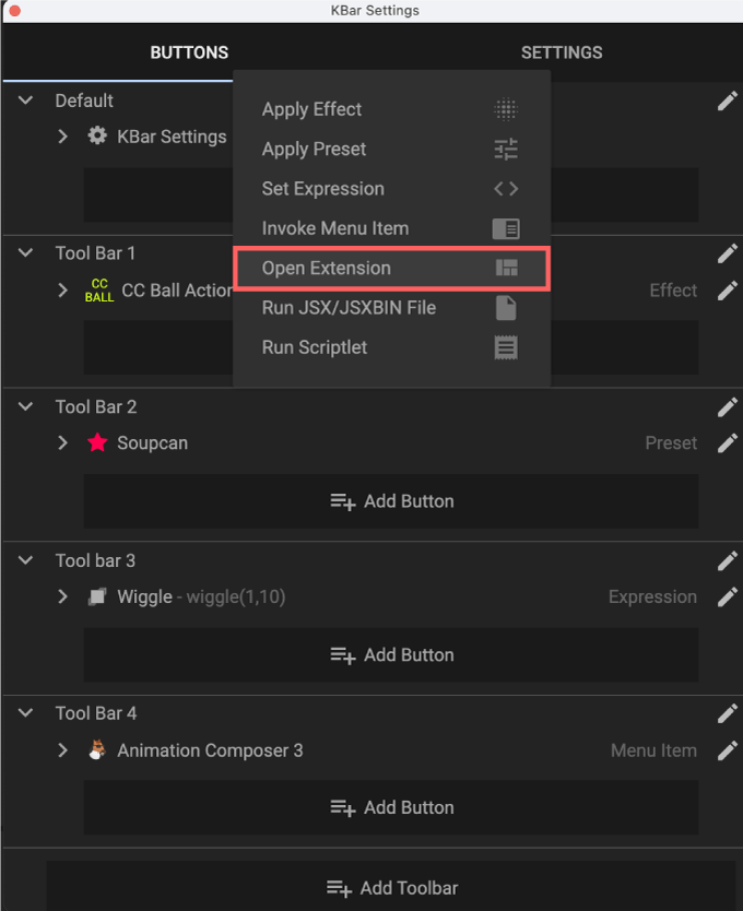 Adobe CC fter Effects Script KBar2 機能 使い方 解説 セッティング Add Button Open Extension