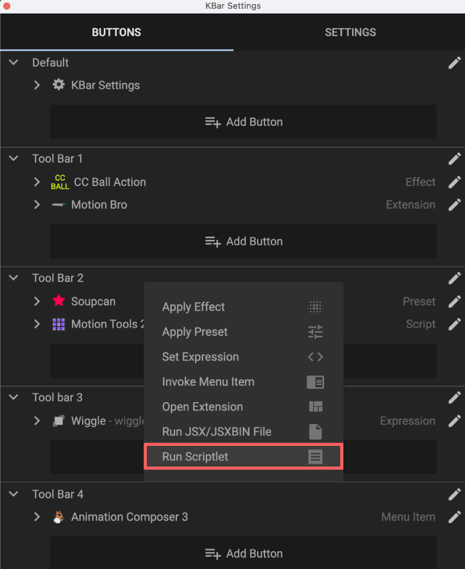 Adobe CC fter Effects Script KBar2 機能 使い方 解説 セッティング Add Button Run Scriptlet