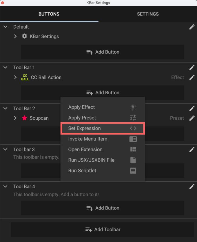 Adobe After Effects Script KBar 機能 使い方 解説 セッティング Add Button Set Expression