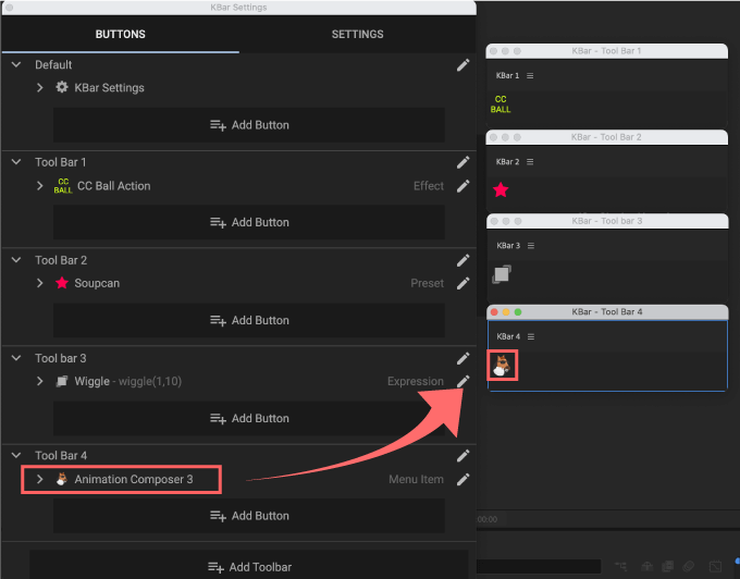 Adobe CC fter Effects Script KBar2 機能 使い方 解説 セッティング Add Button Invoke Menu Item Animation Composer 設定
