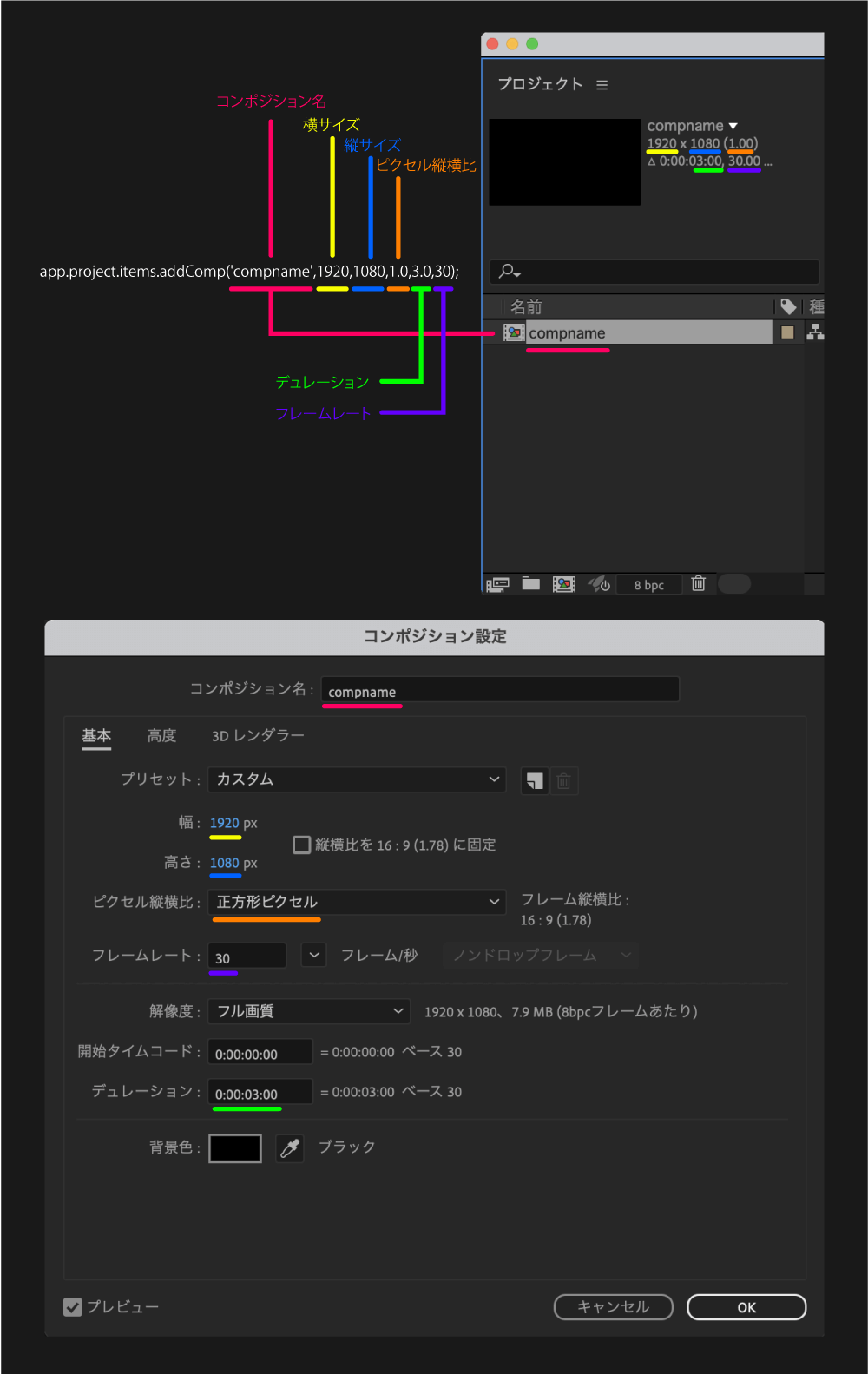 Adobe After Effects Script KBar ワンボタン 新規コンポジション 作成 スクリプトコード 便利